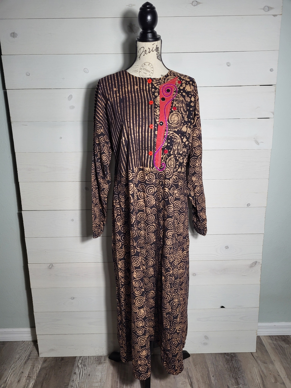 Women's Maxi Dress Hand Made Cotton BOHO Earthy Striped Swirl Arsty Embellished.